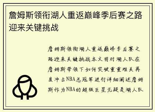 詹姆斯领衔湖人重返巅峰季后赛之路迎来关键挑战